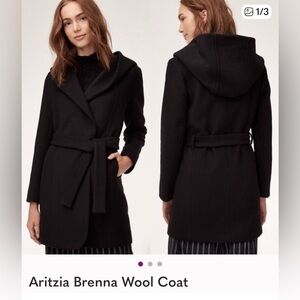 Aritzia Wilfred Black Brenna Hooded Wool/Cashmere Coat, Large